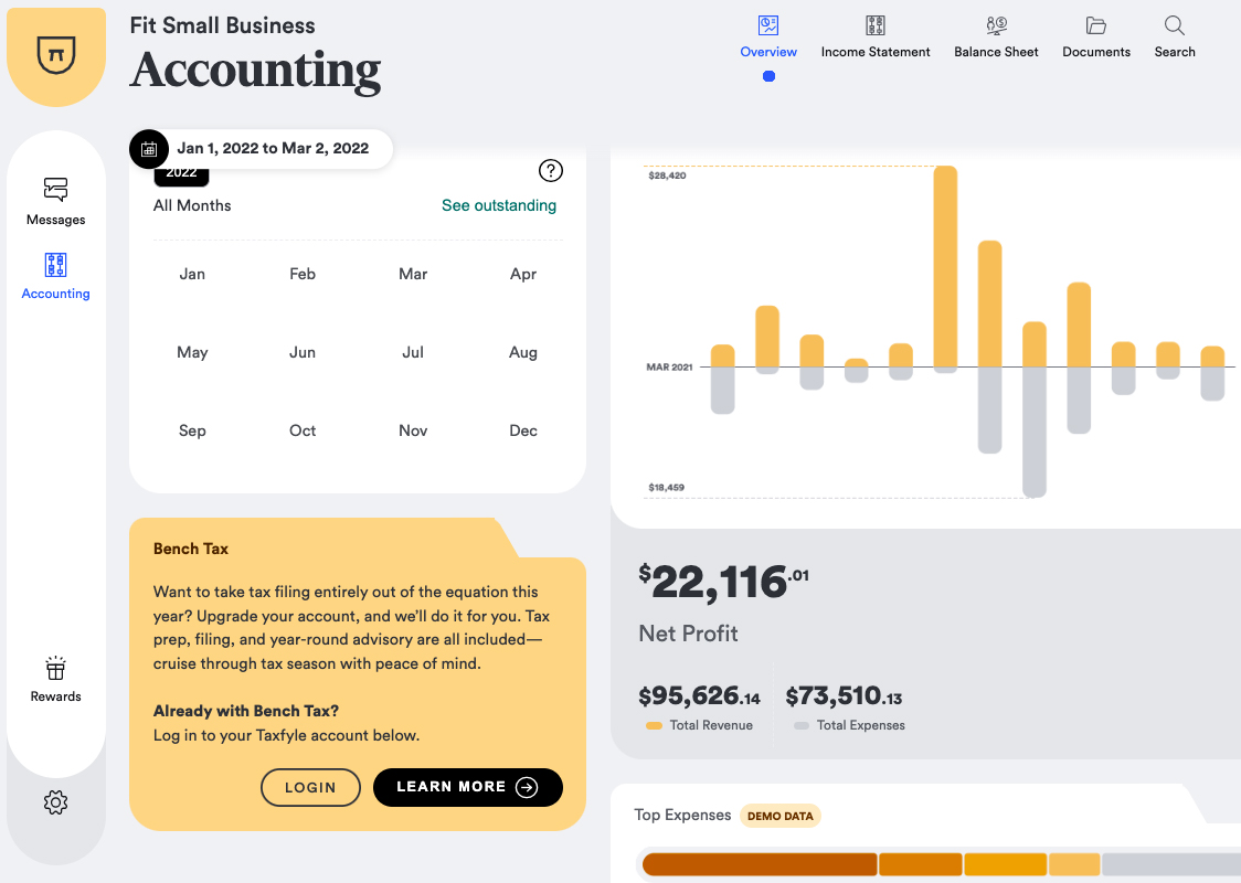 The image of Bench dashboard where you find the accounting tab overview.