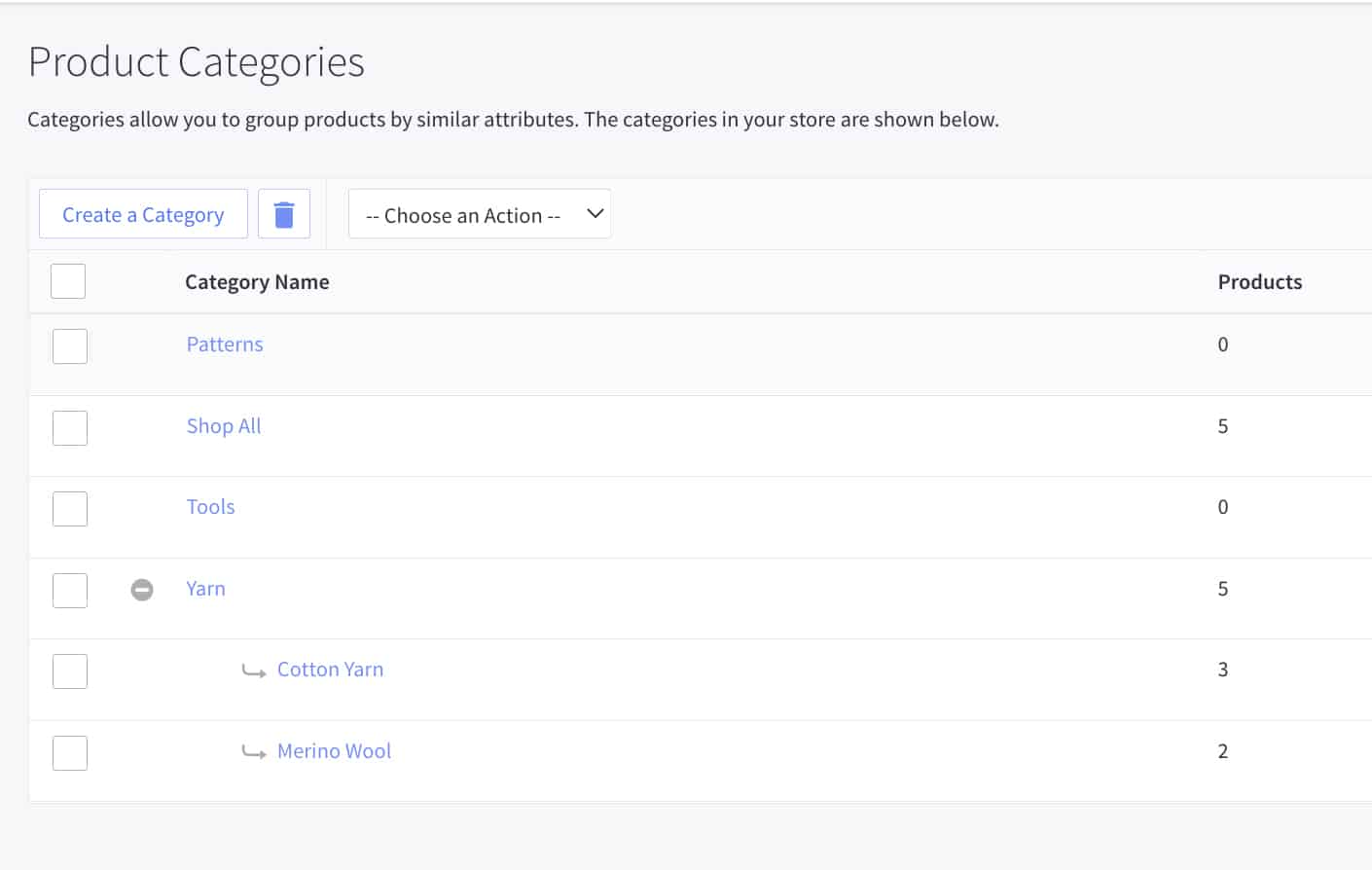 A Product Category page on where to create and list the BigCommerce product categories.