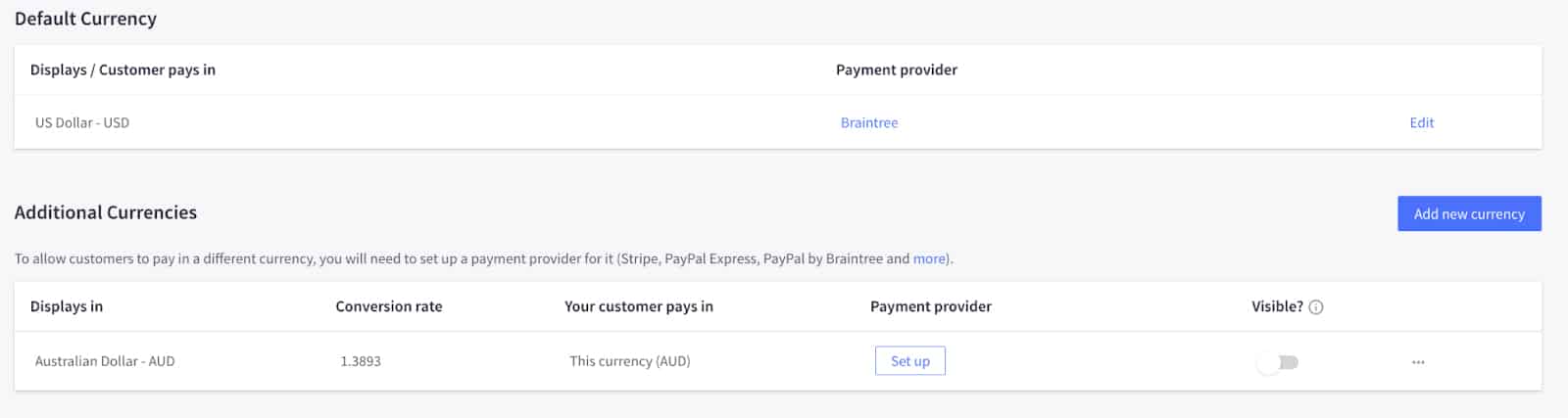 A page where to set up additional currency in BigCommerce store.