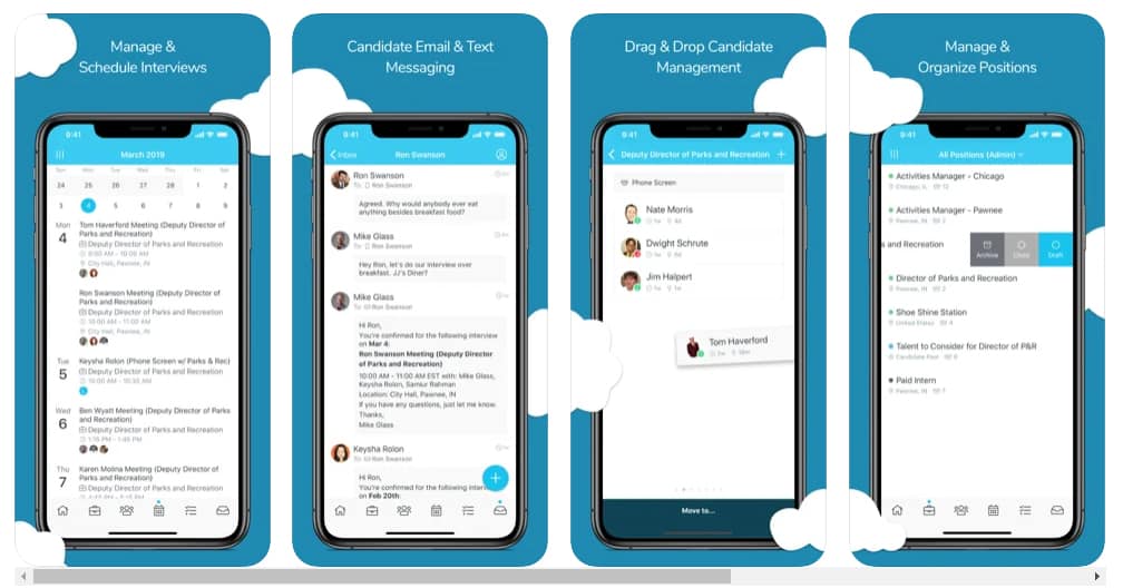 Sample, chat, email and text conversation from Breezy in mobile app.