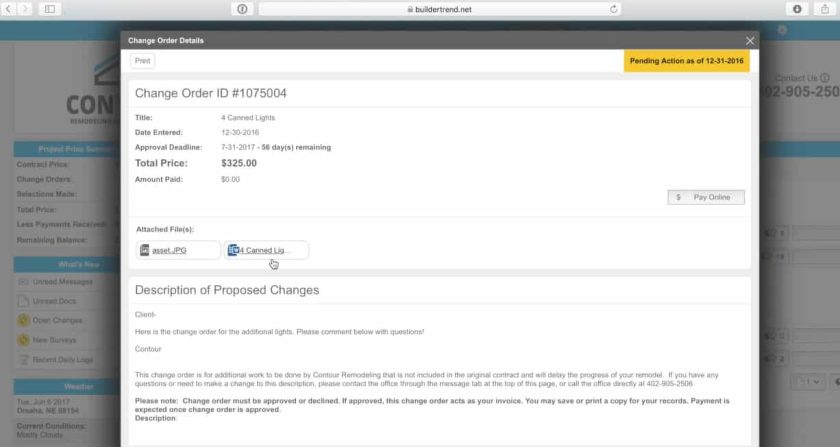 Sample image of Buildertrend in changing orders from clients.