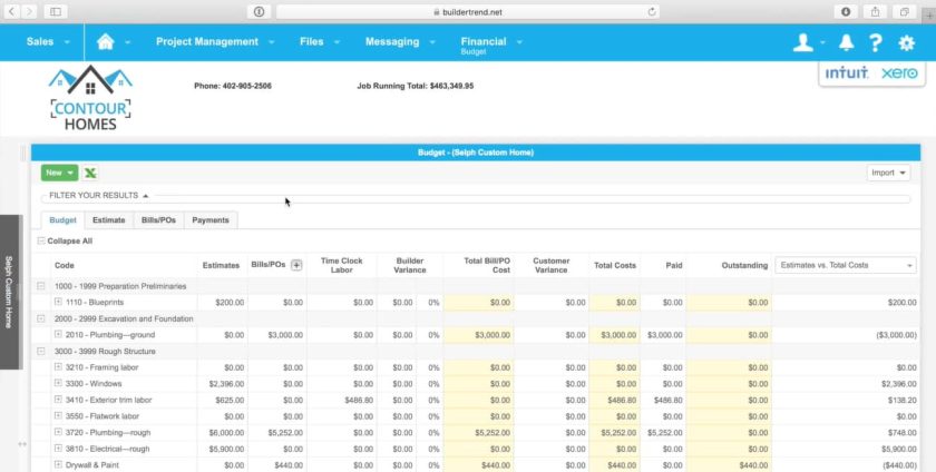 A sample image of creating and manage budgets on Buildertrend.
