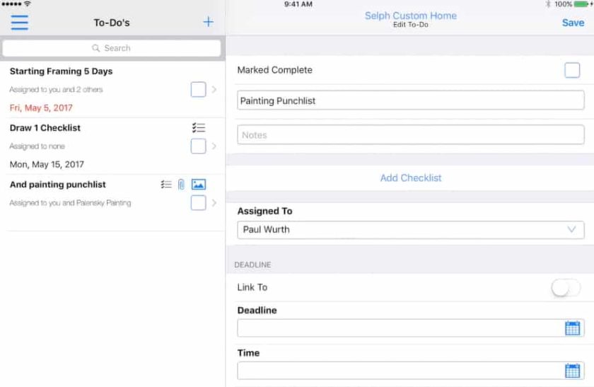 Creating to-do lists in Buildertren via mobile app.
