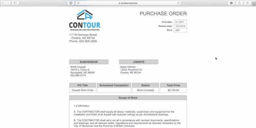 A sample image of purchase order from Buildertrend.