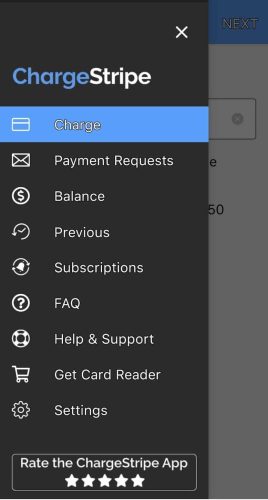 ChargeStripe access information along with settings in the menu.