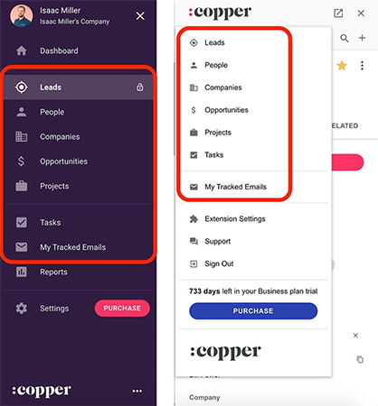 Side-by-side comparison of Copper CRM's menu bars on the web app and the Chrome extension.