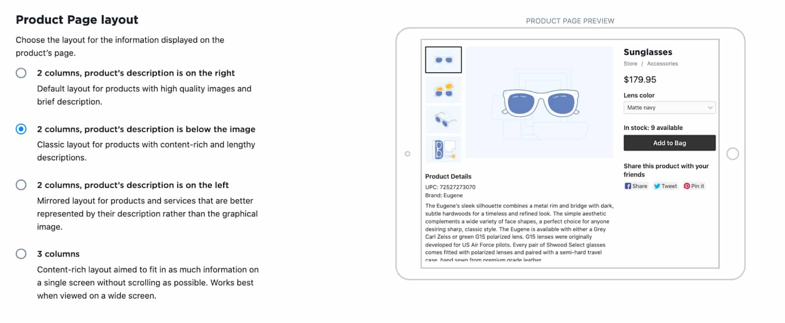 Ecwid Product Page Layout settings.