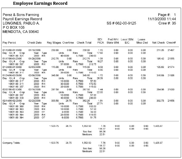 The Farmer’s Office sample employee earnings record report.