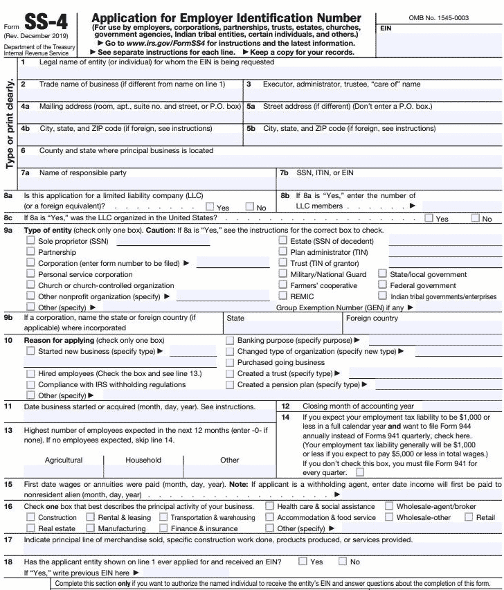 Application for Employer Identification Number (Form SS-4)