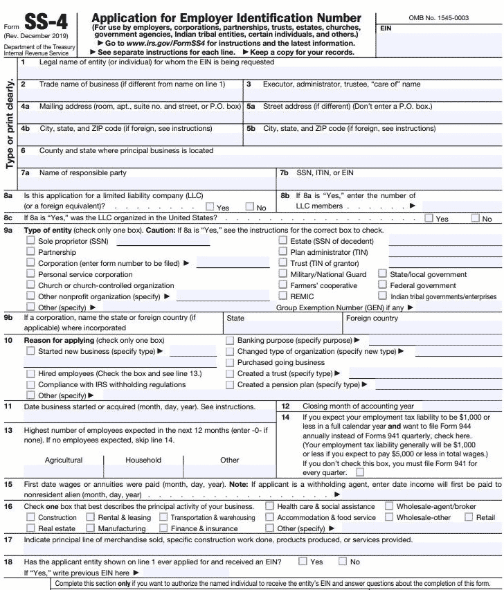 Printable Application For Ein Number Form Ss 4 - Printable Forms Free ...