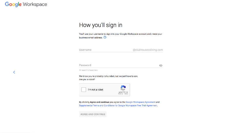Creating username and password to login on your Google Workspace account.