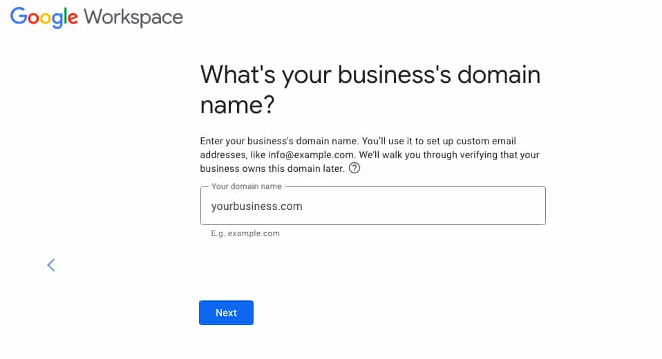 Sample image of Google Workspace in setting up domain name.