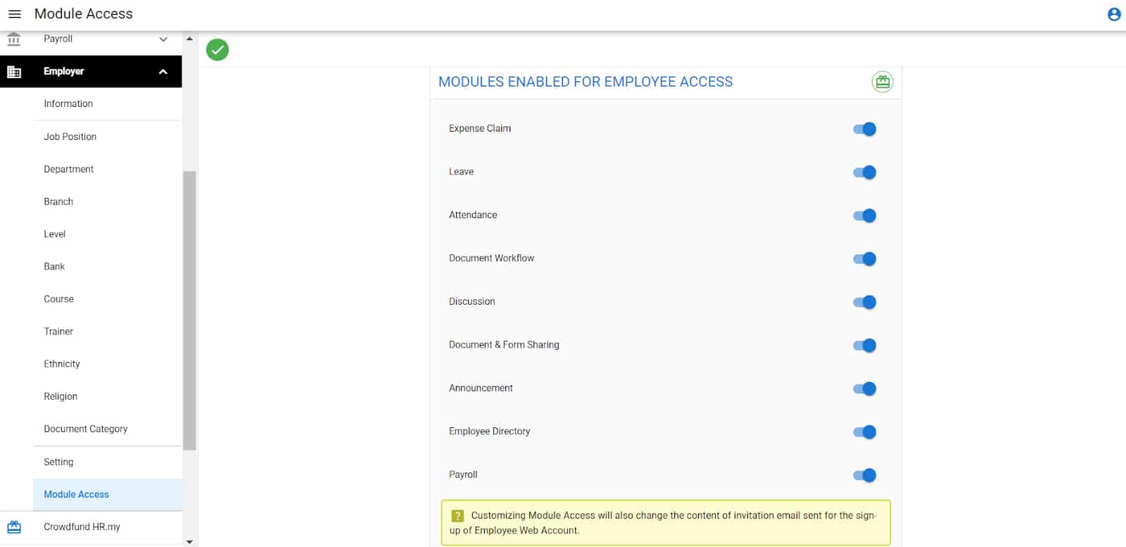 Enable module access for employees in HR.my account dashboard.