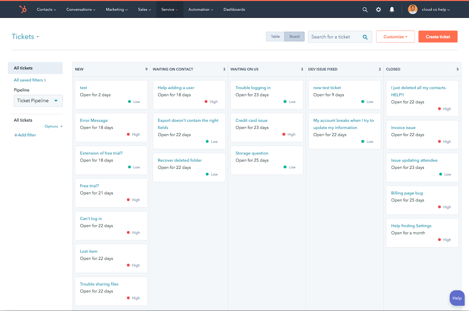 A sample board pipelines from HubSpot Service Hub.