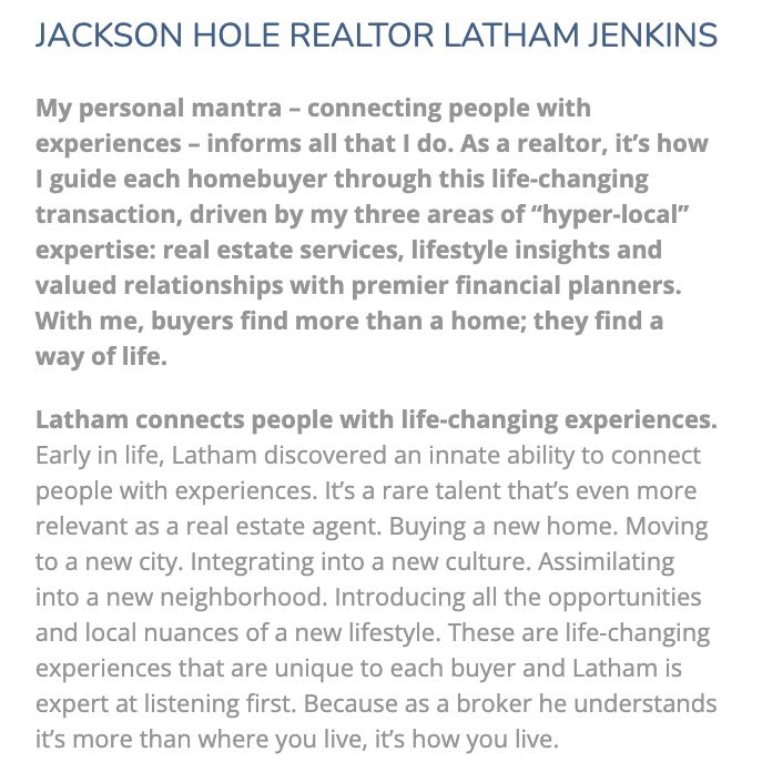 Branded real estate agent biography detailing values