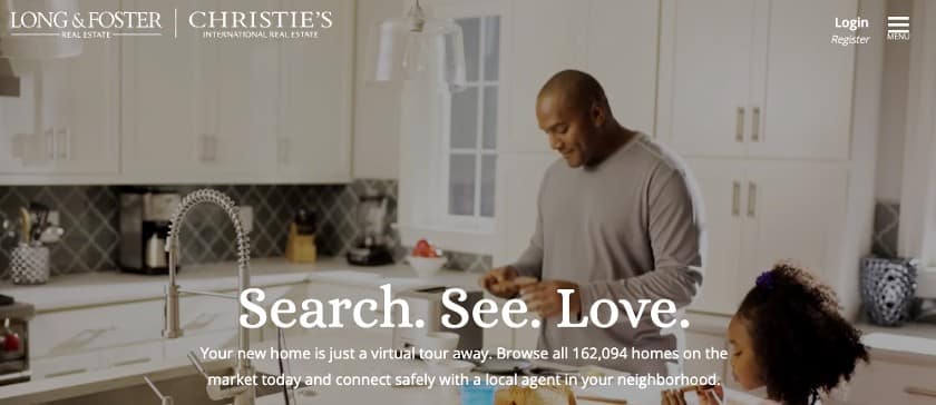 Long & Foster real estate website with slogan, "Search. See. Love."