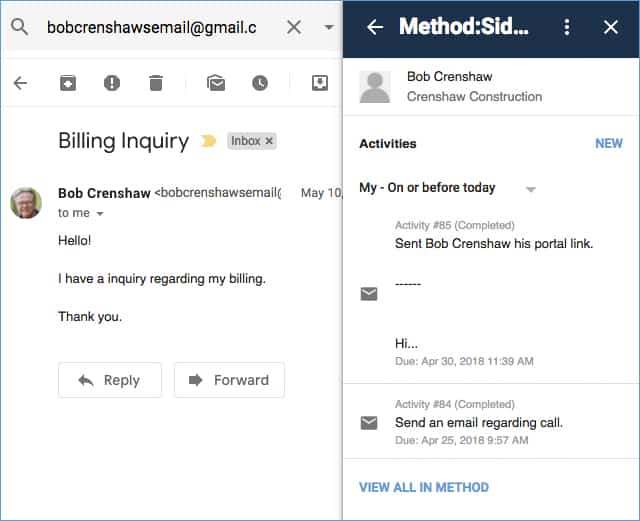 An sample email from Email Sidebar on Method CRM.