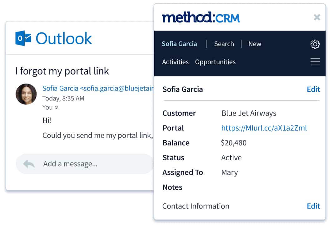 Sample Method CRM and Outlook integration email.