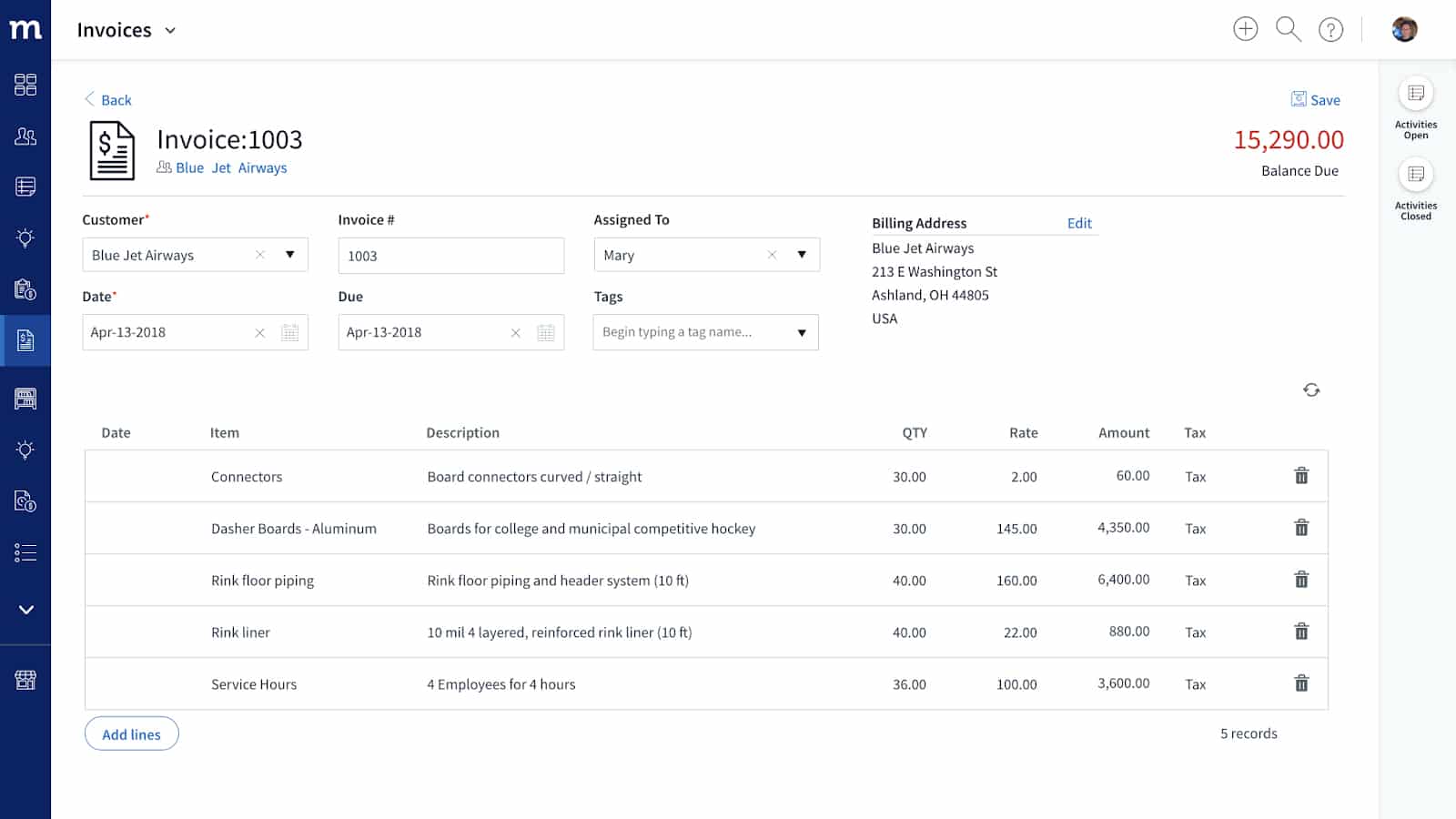 A sample invoice and details from Method CRM.