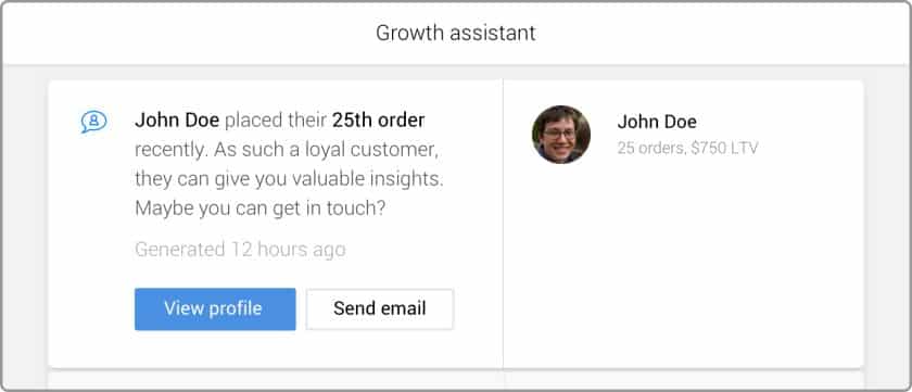 Metrilo's Growth assistant user profile.