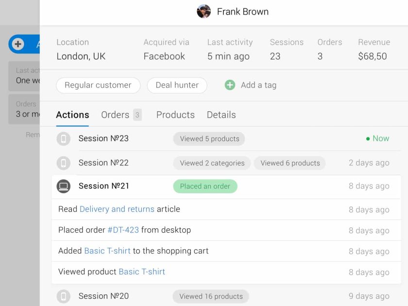 Metrilo individual customer profile.