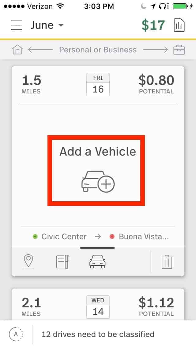 A sample image of MileIQ Mobile App on adding Vehicle.