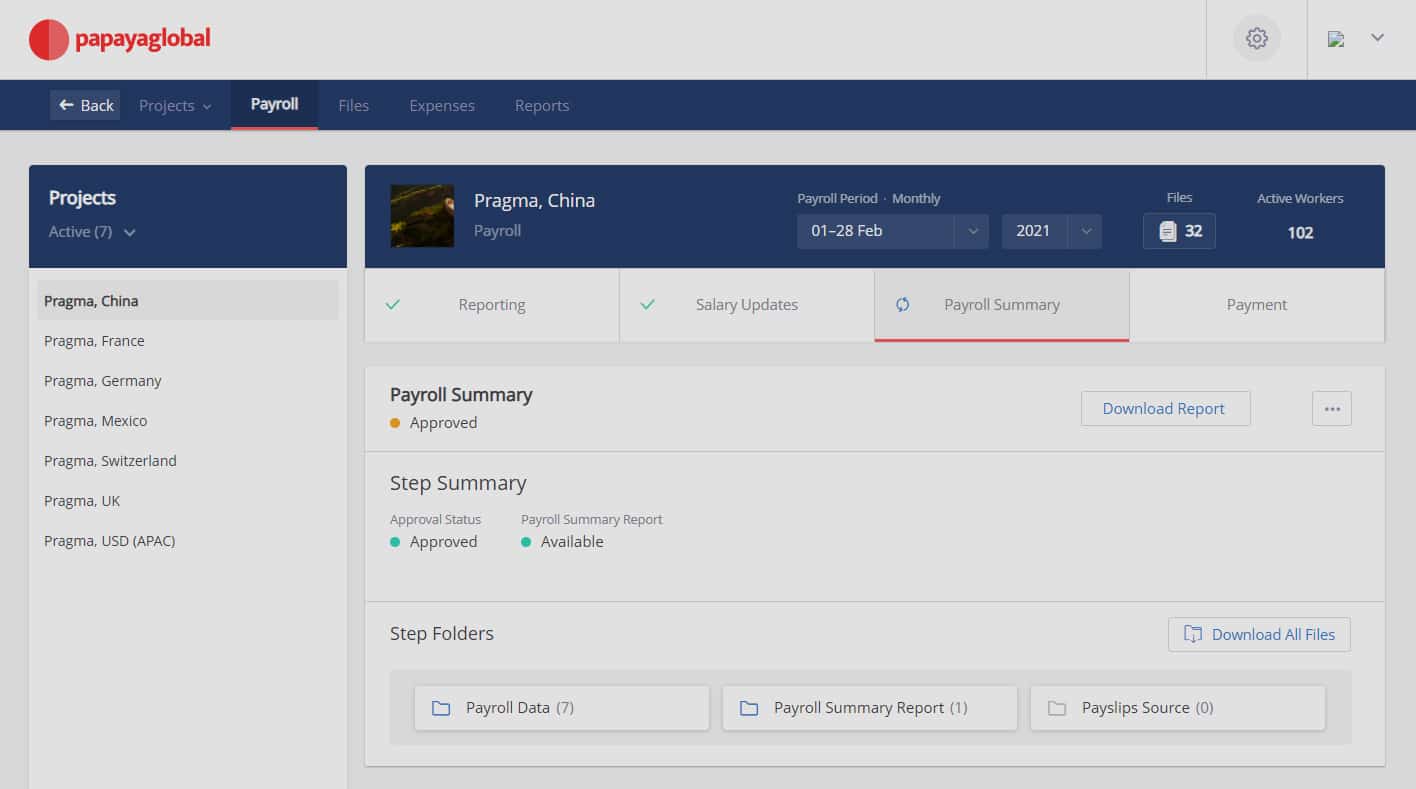 Papaya Global Payroll Summary example for Pragma, China.