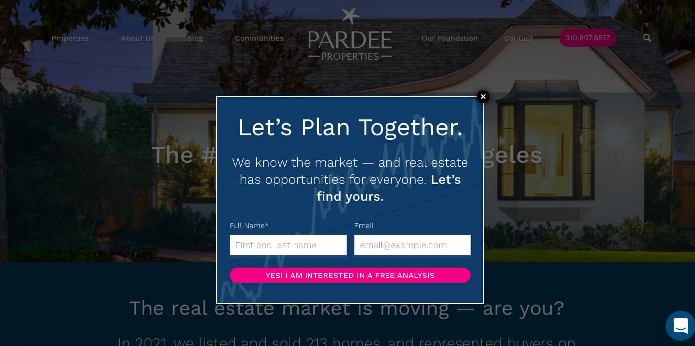 Pardee Properties sample home page with sign up form.