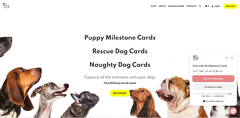 Pet brand Pet Milestone Cards' landing page from their website.