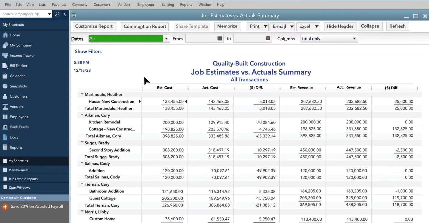A list of all transaction in QuickBooks Contractor for job estimates vs actual cost report.