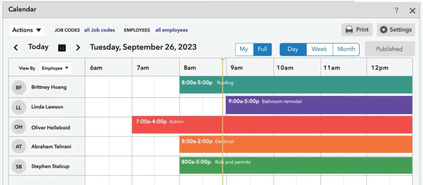 QuickBooks Contractor sample calendar for Timesheet entry by job.
