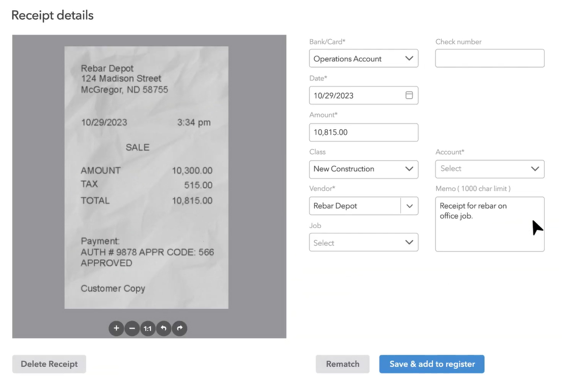 A sample image of QuickBooks Contractor on receipt details.