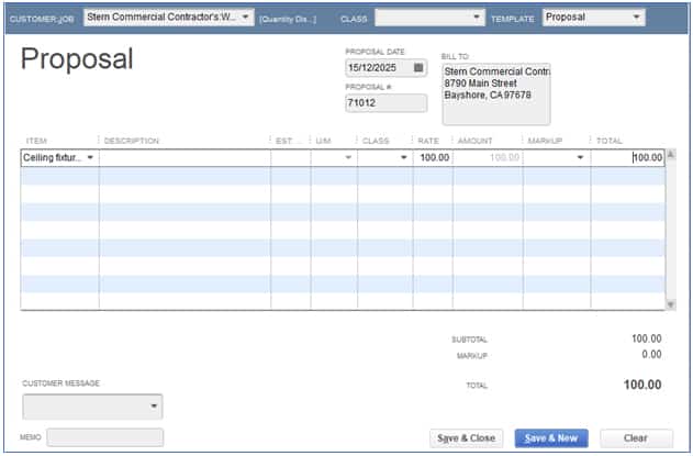 QuickBooks Premier Professional Services creating a proposal page.
