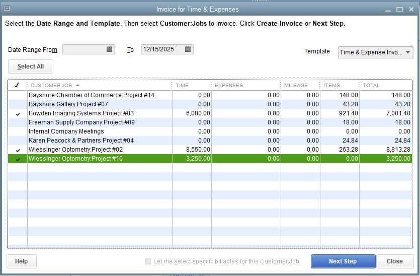 QuickBooks Premier Professional Services sample invoice for time & expenses.
