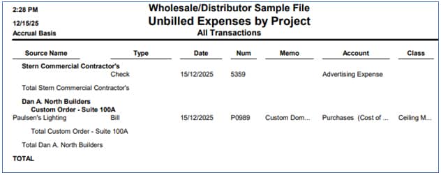 QuickBooks sample report on Unbilled Expenses by Project.