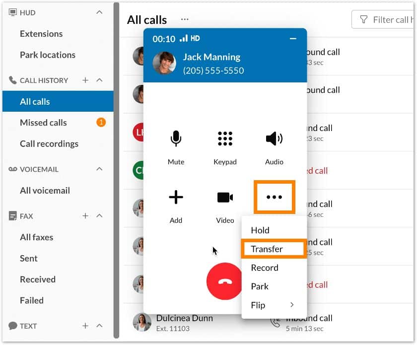 A live call on the RingCentral desktop app showing the different call controls, like mute, hold, and transfer.