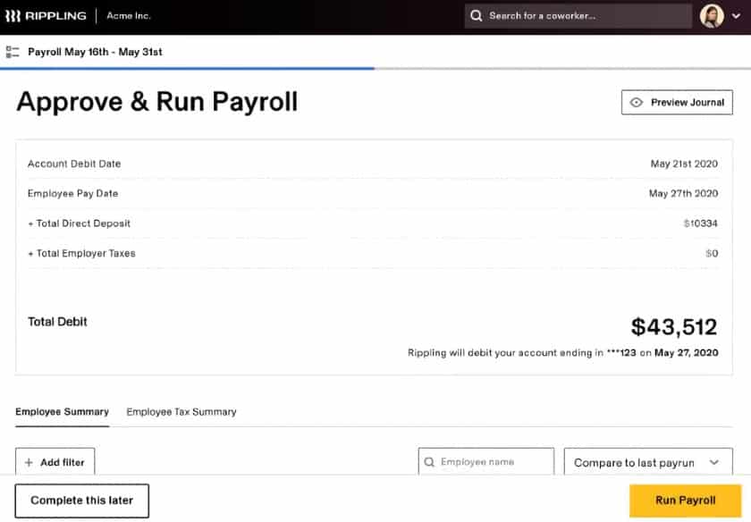 Rippling Approve and Run Payroll page.