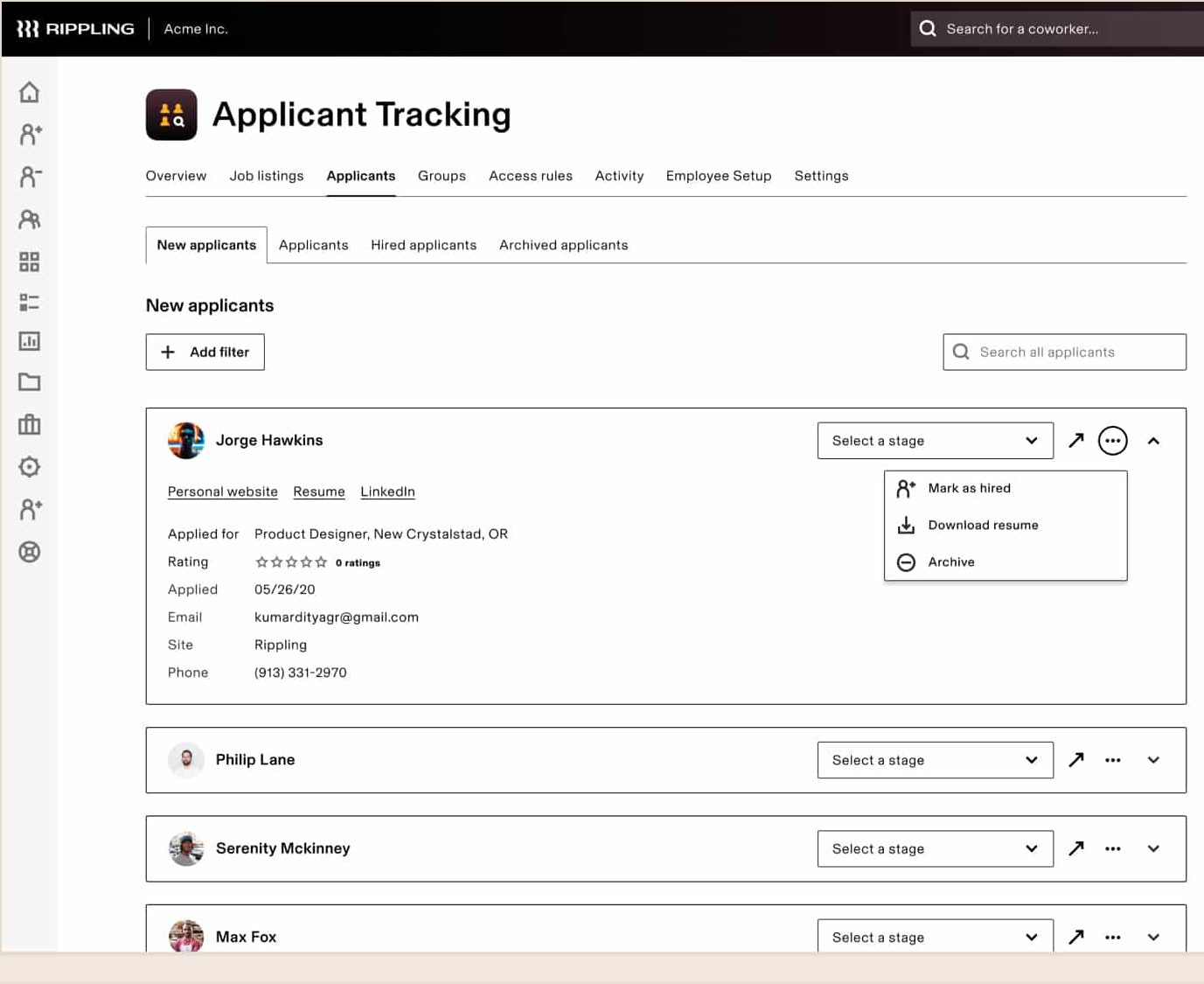 A sample applicant tracking of Rippling.