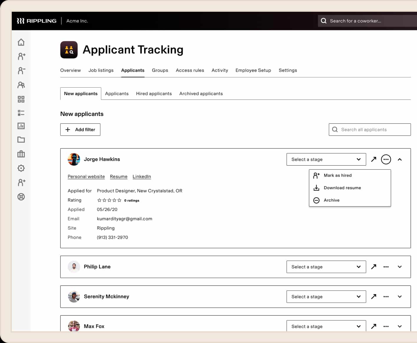A sample applicant tracking of Rippling.