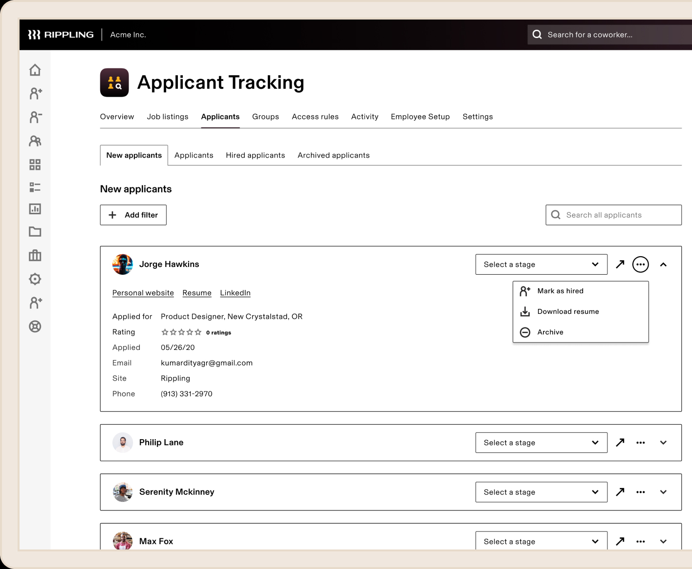 A sample of Rippling applicant tracking.
