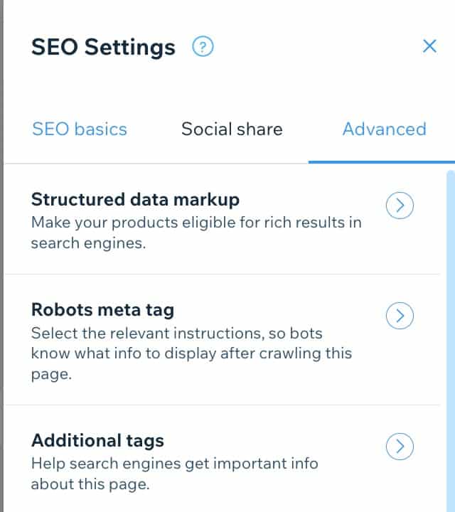 Wix advanced SEO settings that let you configure structured data markup and robots.txt in your pages.
