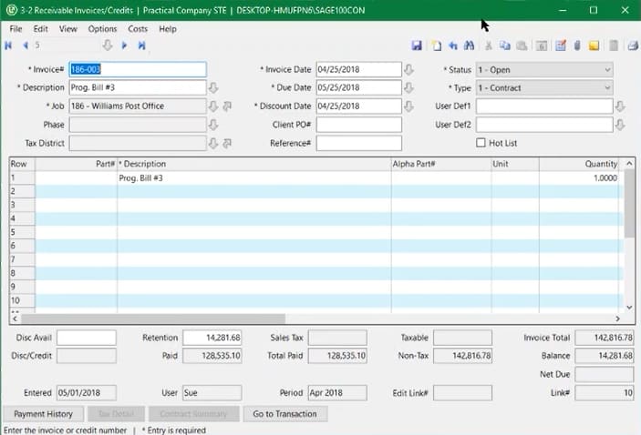 A sample Invoicing of Sage 100 Contractor.