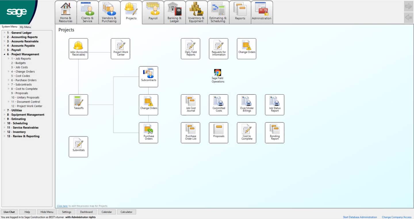 A sample dashboard with the workflow of Sage 100 Contractor.