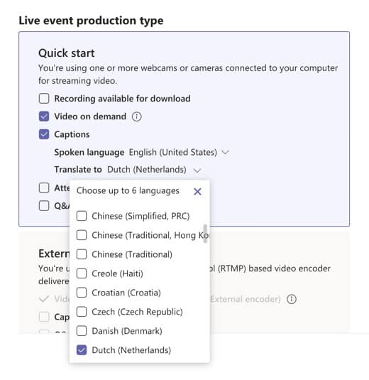 Six language options that your attendees can choose from for their live caption translation list during event scheduling.