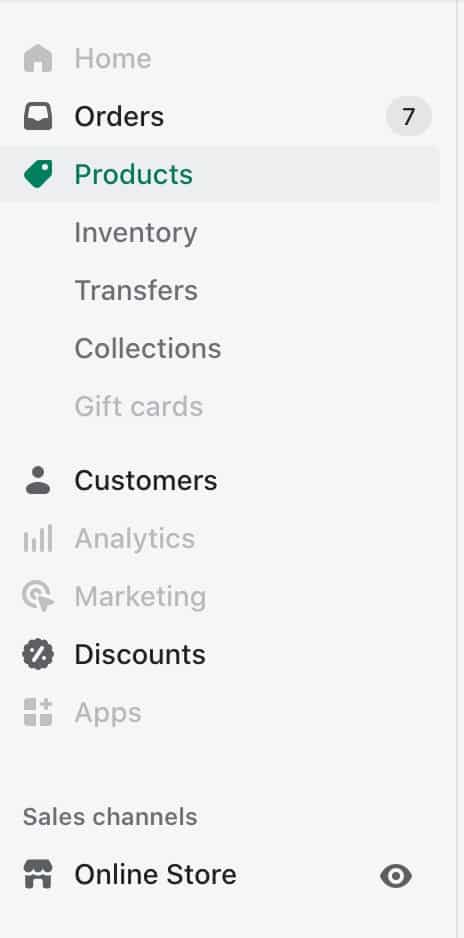 Shopify navigation panel includes links to ecommerce features