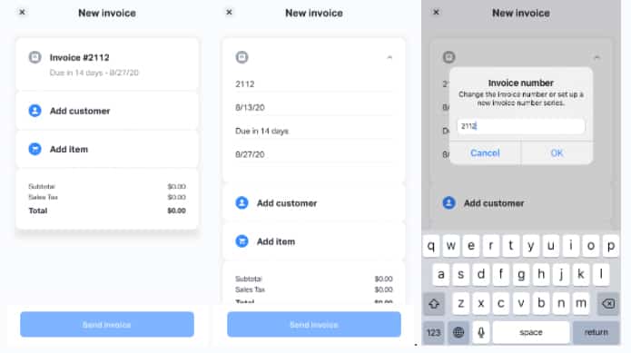 SumUp mobile app invoicing sample.