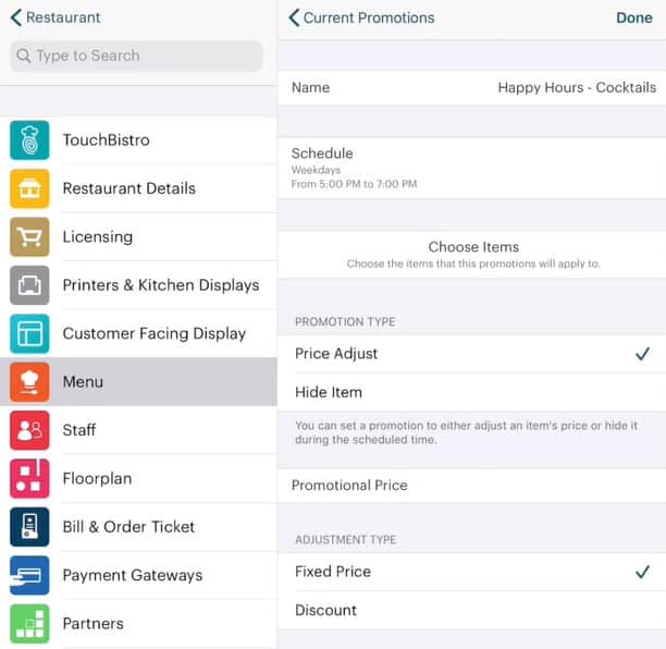 TouchBistro menu management tools.