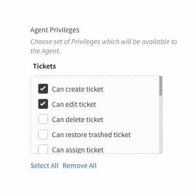 UVdesk assign privileges to agents in the ticket restrictions section.