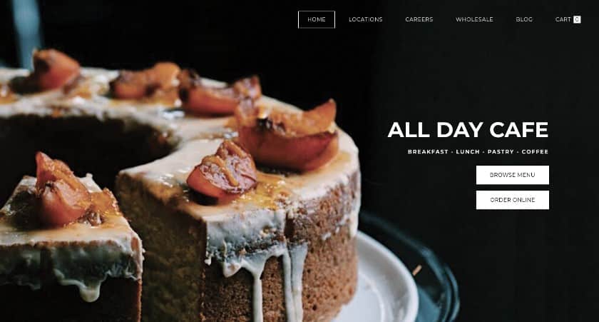 Examples of Weebly’s restaurant website templatesm All day Cake homepage.