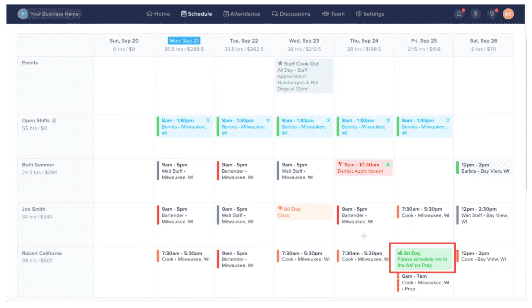 Zoomshift calendar includes graphics to show availability and willingness to take on shifts.